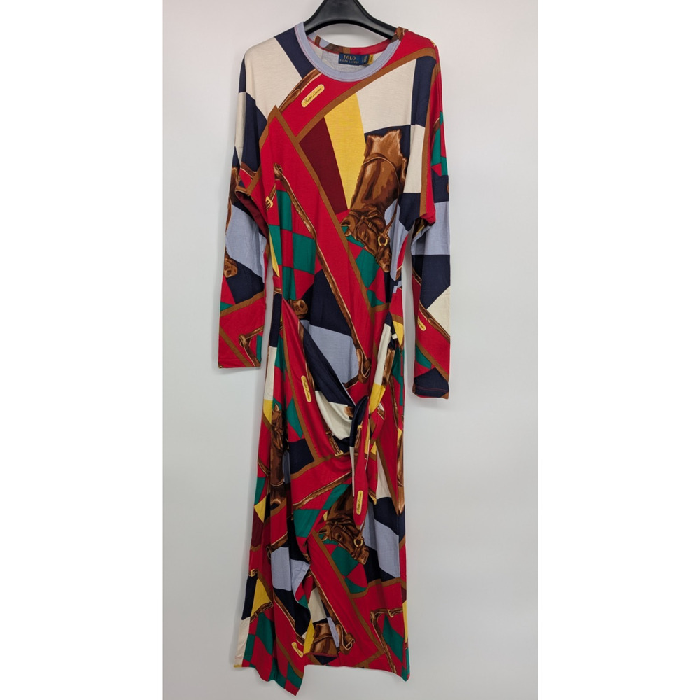 NWT Polo Ralph Lauren Scarf-Print Long-Sleeve Wrap Maxi Dress Sz S Red #2H461 - Picture 2 of 10